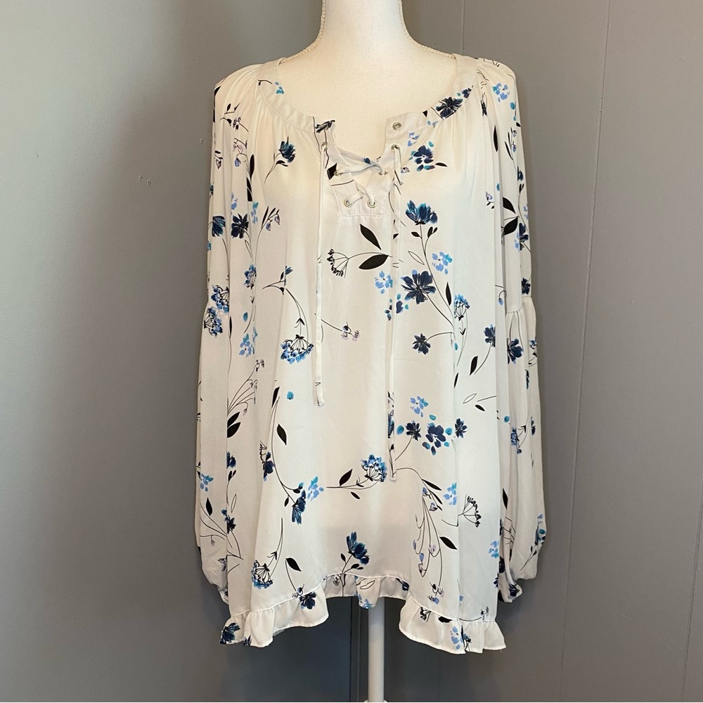 A.N.A White with Blue Floral Print Long Sleeve Blouse